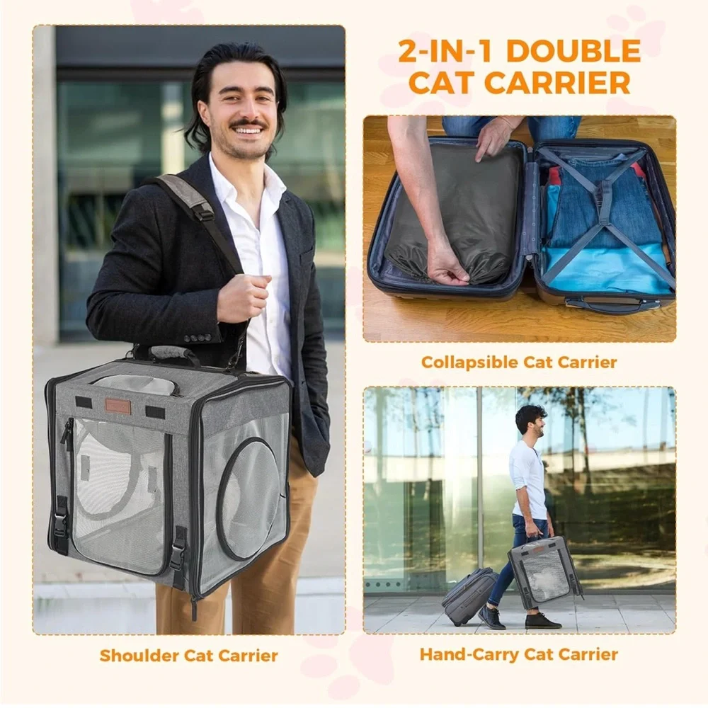 2-in-1 Double Collapsible Carrier for 2 Cats🐈Car w PlayTunnelsLitterBox&Hammock